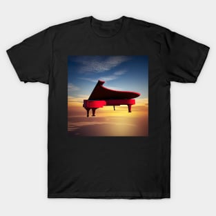 A Red Piano Floating In The Sky At Sunset T-Shirt